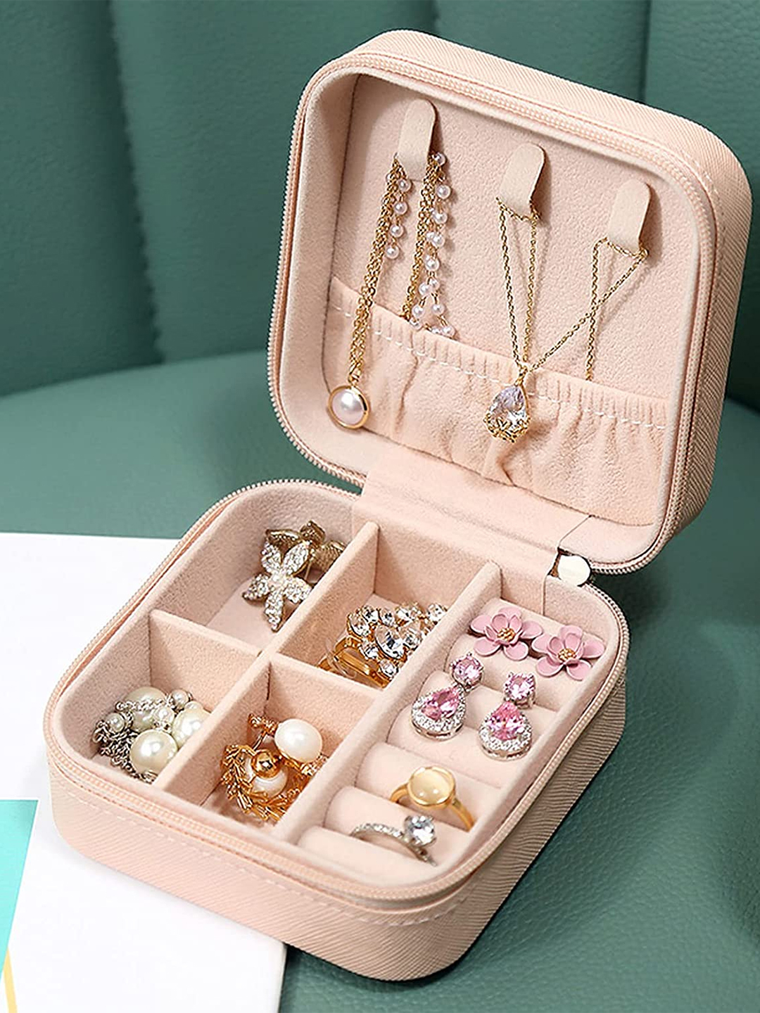 YouBella Jewellery Organiser PU Leather Zipper Portable Storage Box Case with Dividers Container for Rings, Earrings, Necklace Home Organizer, Pink (Style 1)